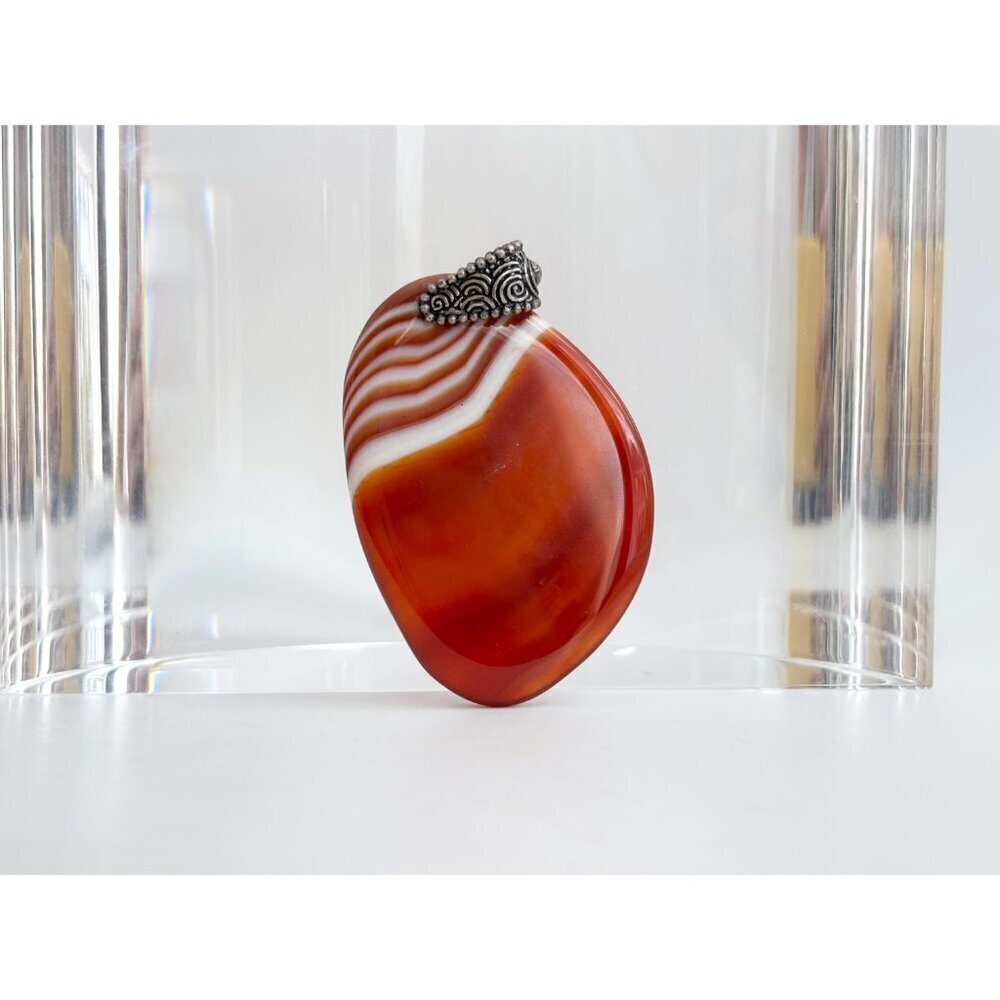 Golden Banded Agate Crystal Oval Shaped Large Silver Toned Vintage Pendant - Picture 9 of 12